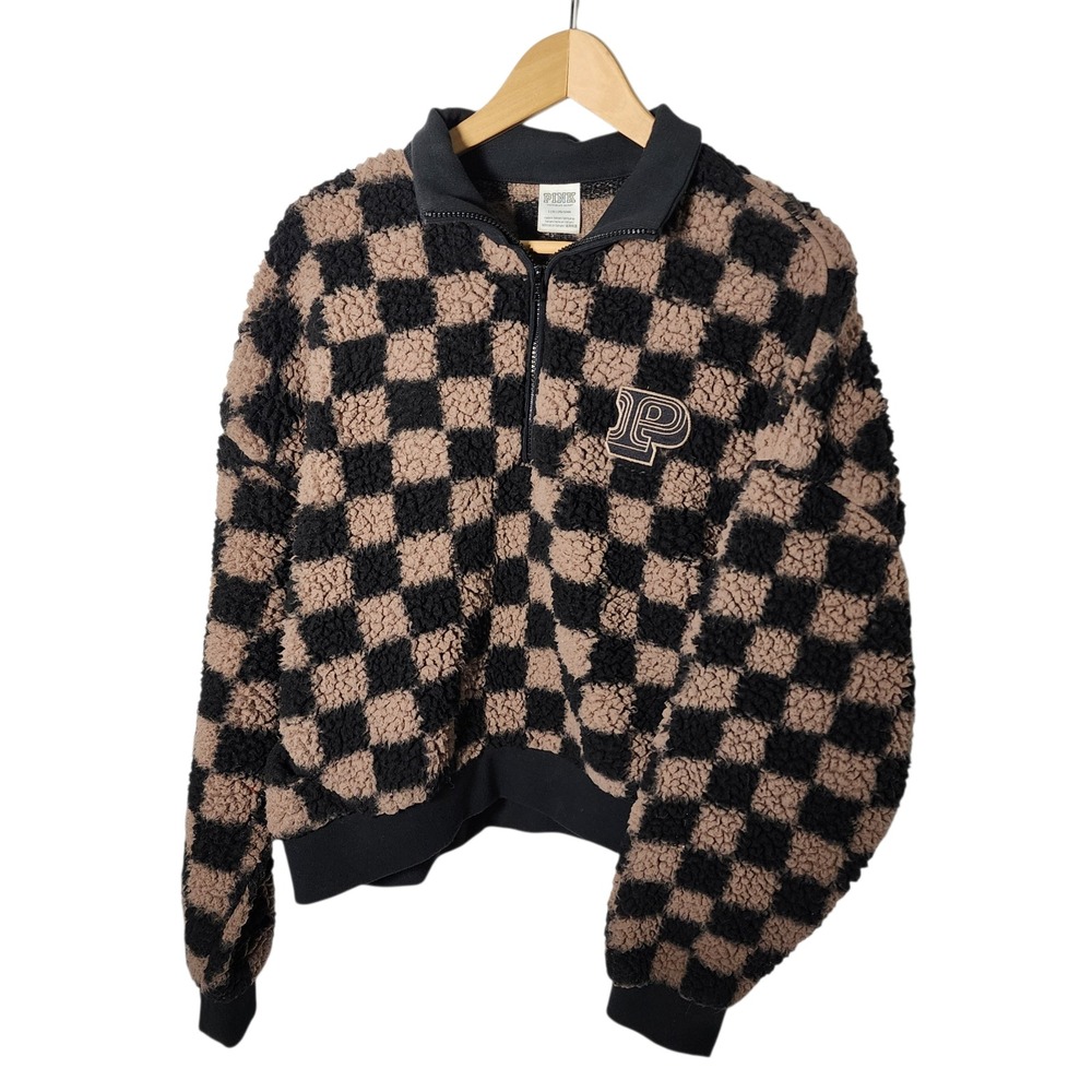 PINK Victoria's Secret Sherpa Fleece Checkered Quarter Zip Pullover Jacket L
